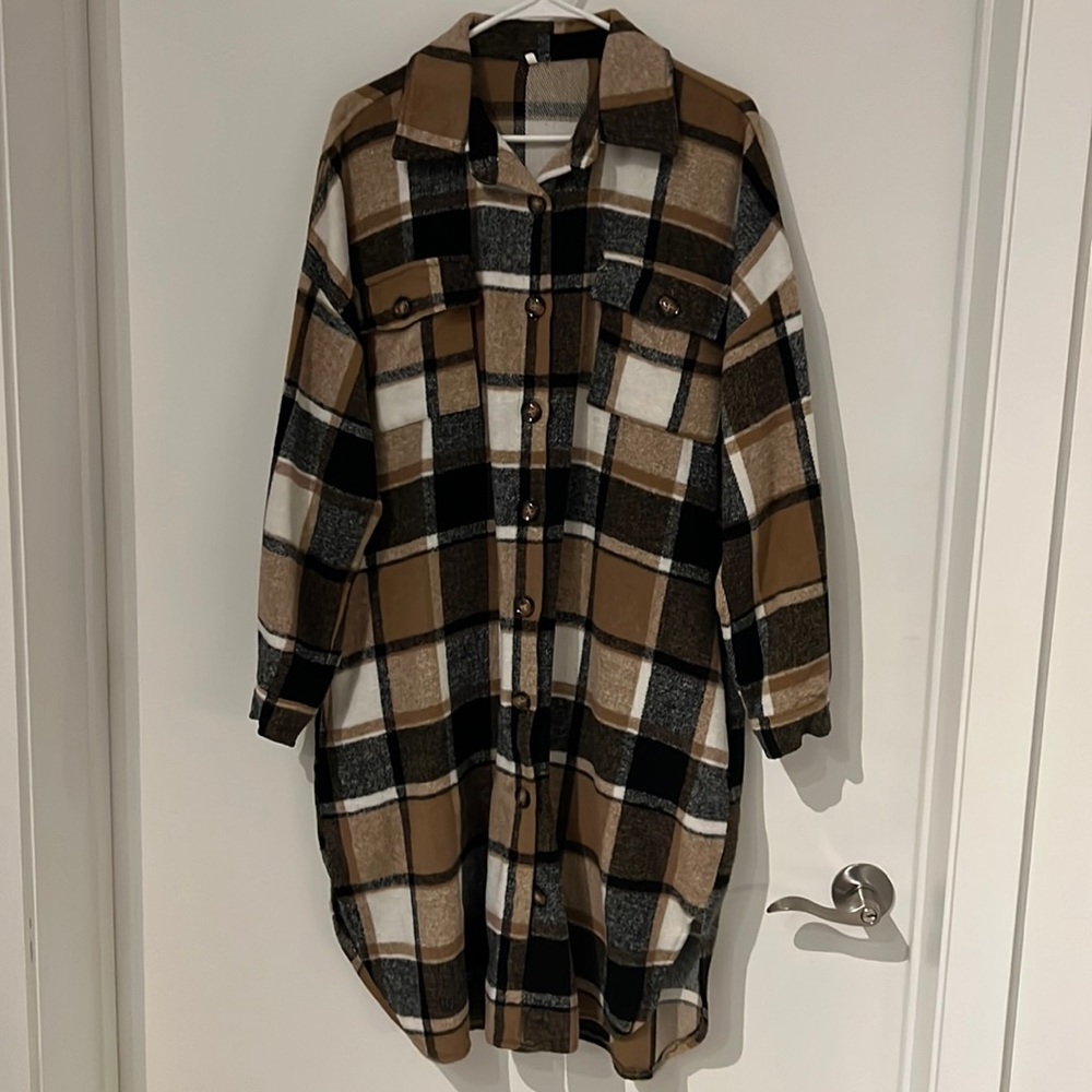 Midi Length Brown Plaid Shacket | Size Large